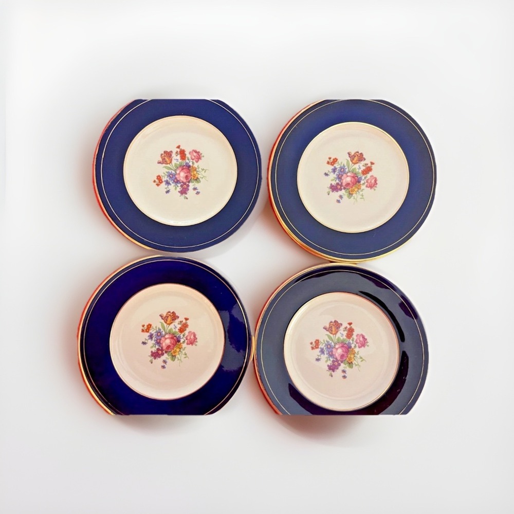 4Syracuse China Old Ivory RoyalCourt Cobalt Blue Dinner Plate 10 1/4" MCM Floral